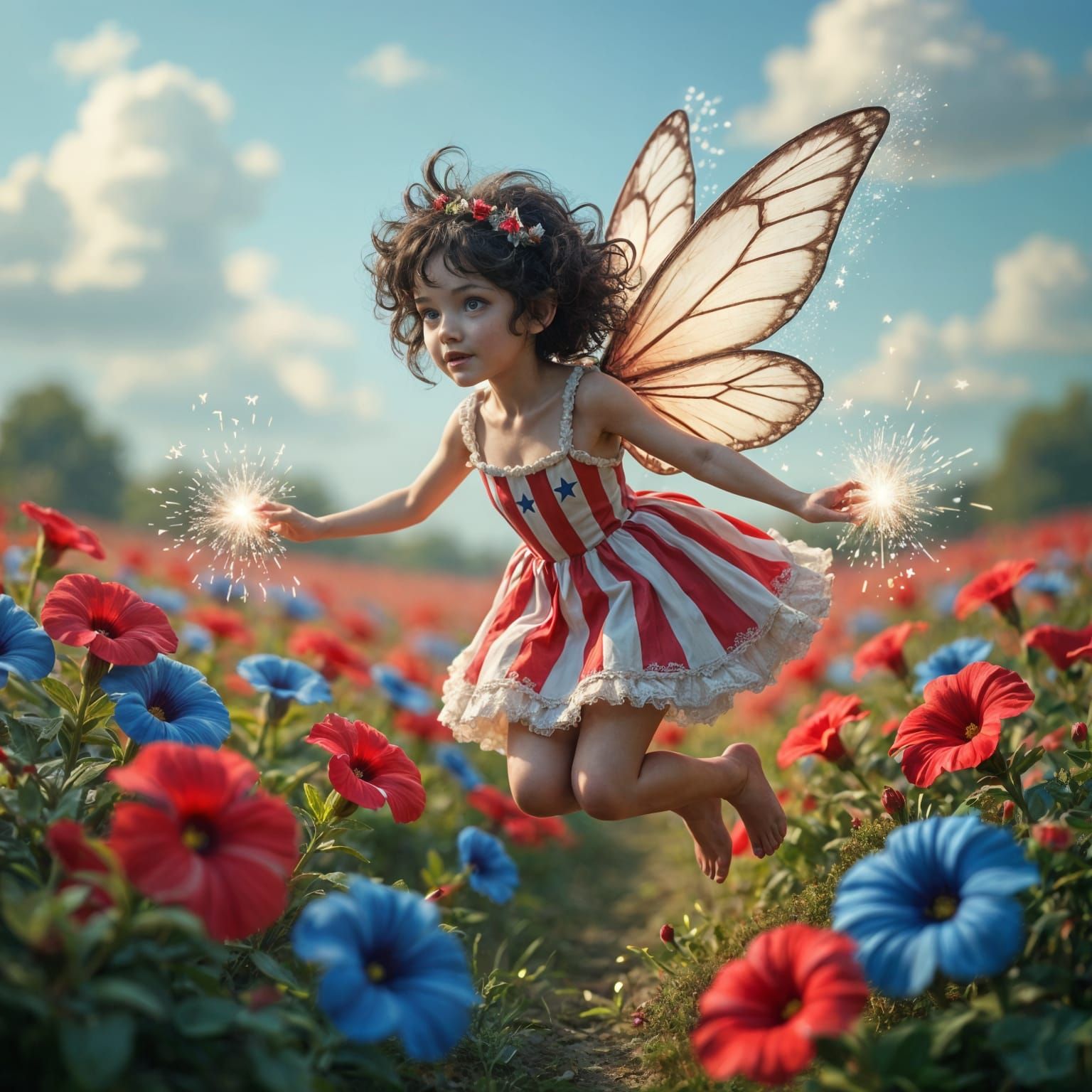 Hyperrealistic Fairy Flying Over Petunia Field