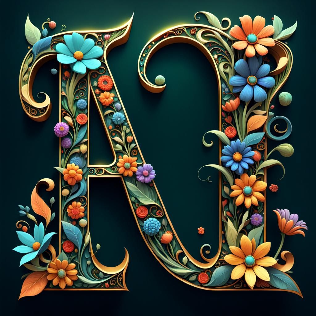 Floral Alphabet in Fantasy Calligraphy: Detailed Matte Paint...