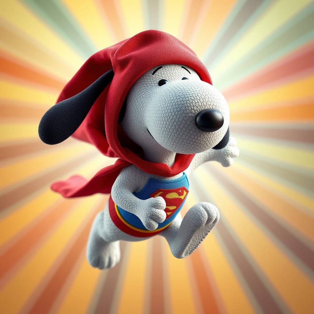 Snoopy as a Hyper-Realistic Superman in Flight