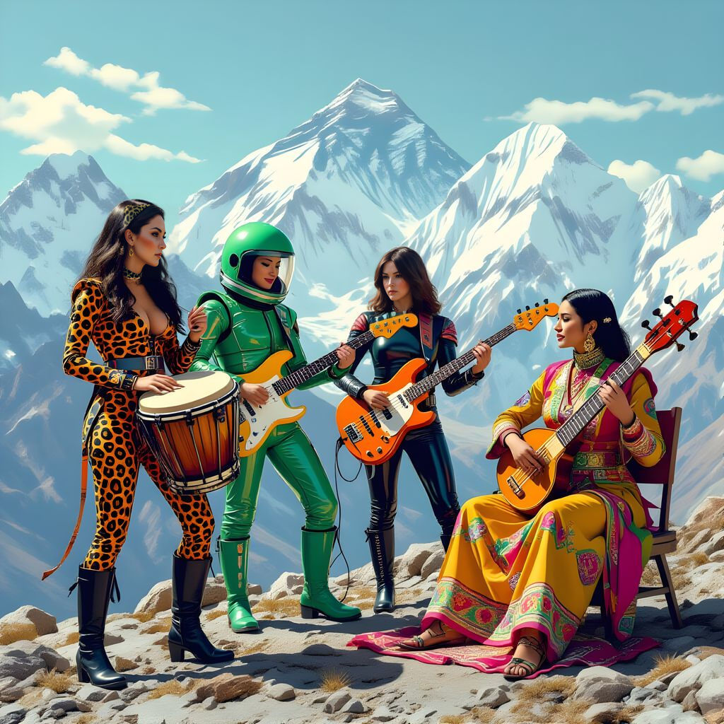 1970s Retro Illustration of Rock Band in Himalayas