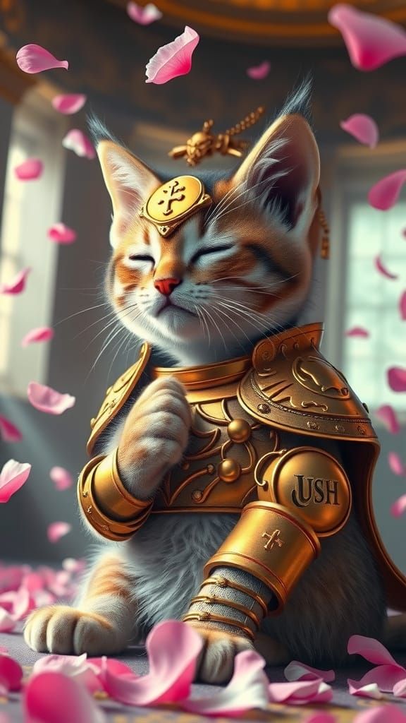 Golden Knight Kitten in Hyperrealistic Armor