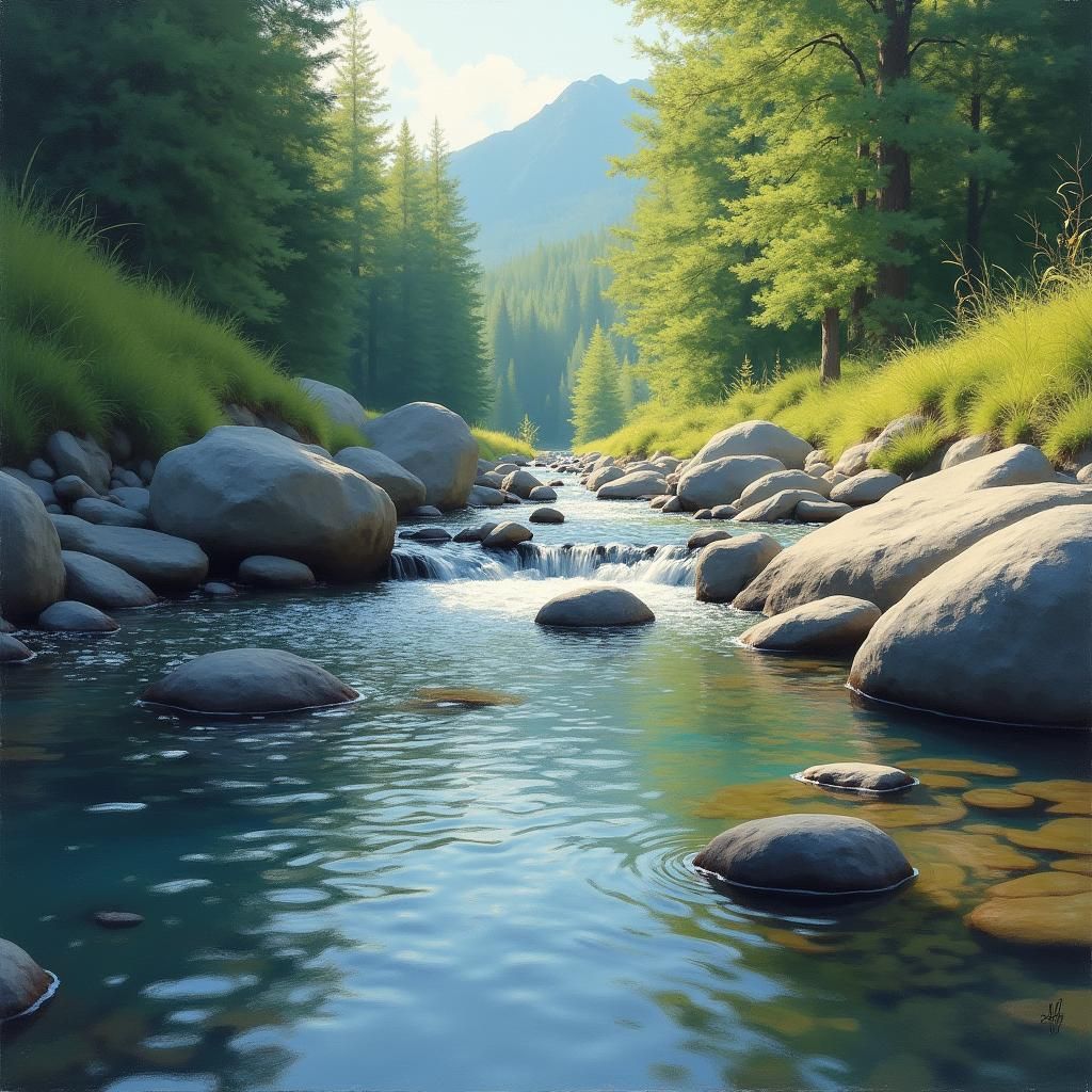 Impressionistic Mountain Stream with Ripples and Sunlight