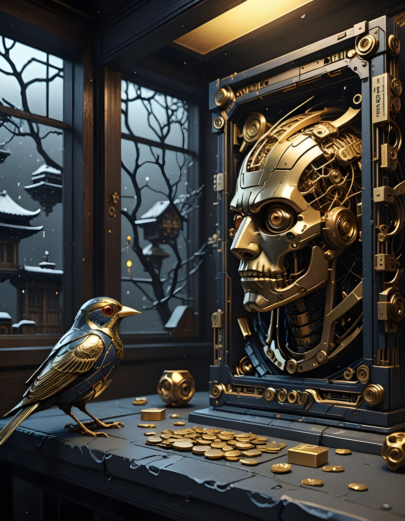 Winter Scene of Sparrows on a Japanese Patio in a Snow Storm