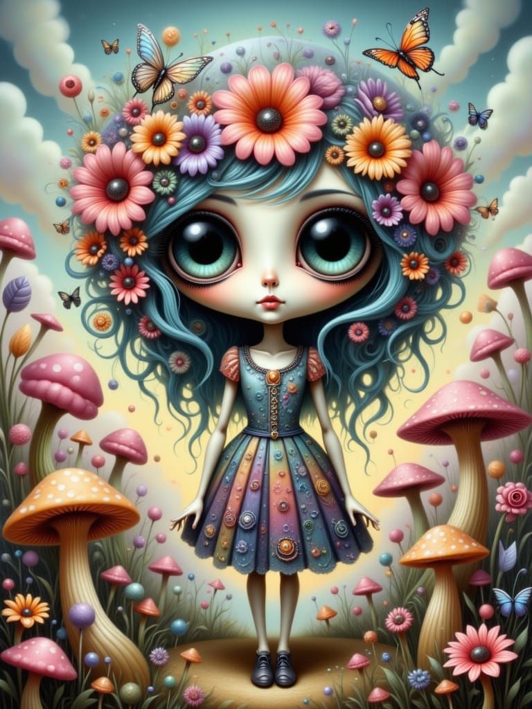 Whimsical Wonderland Babe in Surreal Mixed Media