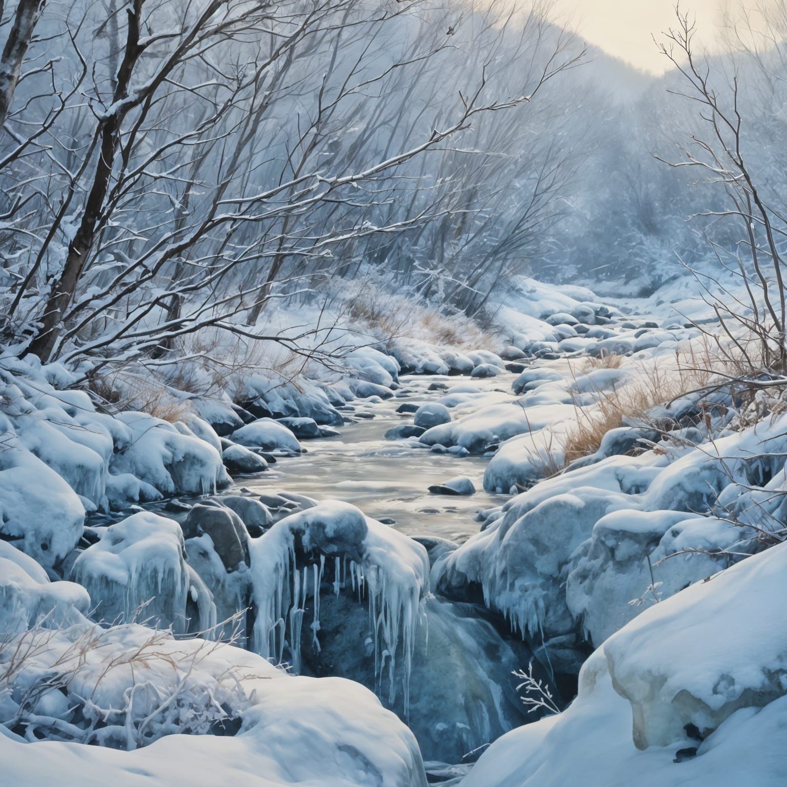 Frozen Mountain Stream in Winter: Watercolor Texture