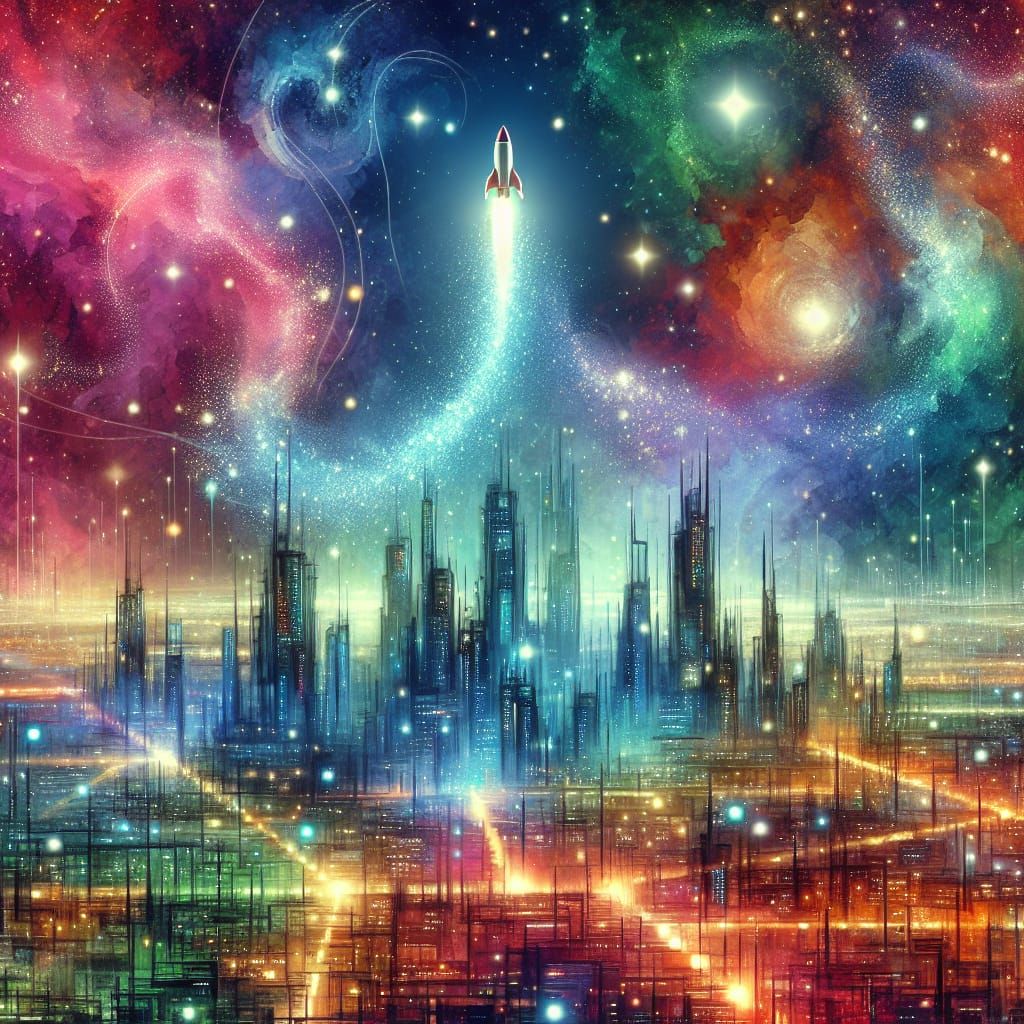 Watercolor Rocket Twirls Through Cosmic Cityscape