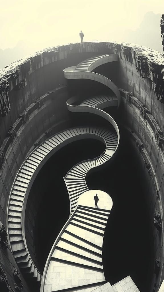 A lone figure stands on the precipice of a colossal, spirali...