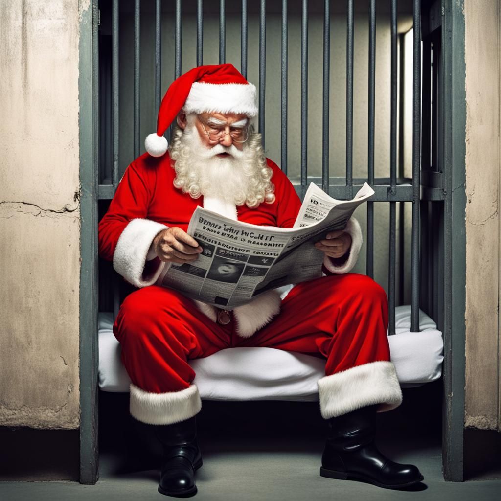 Santa Claus Behind Bars Reads Newspaper