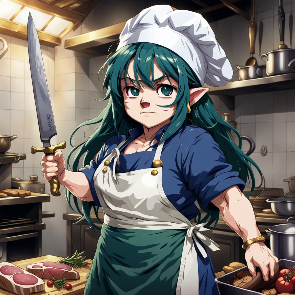 Dwarf Cook with Butcher Knife in Anime Style