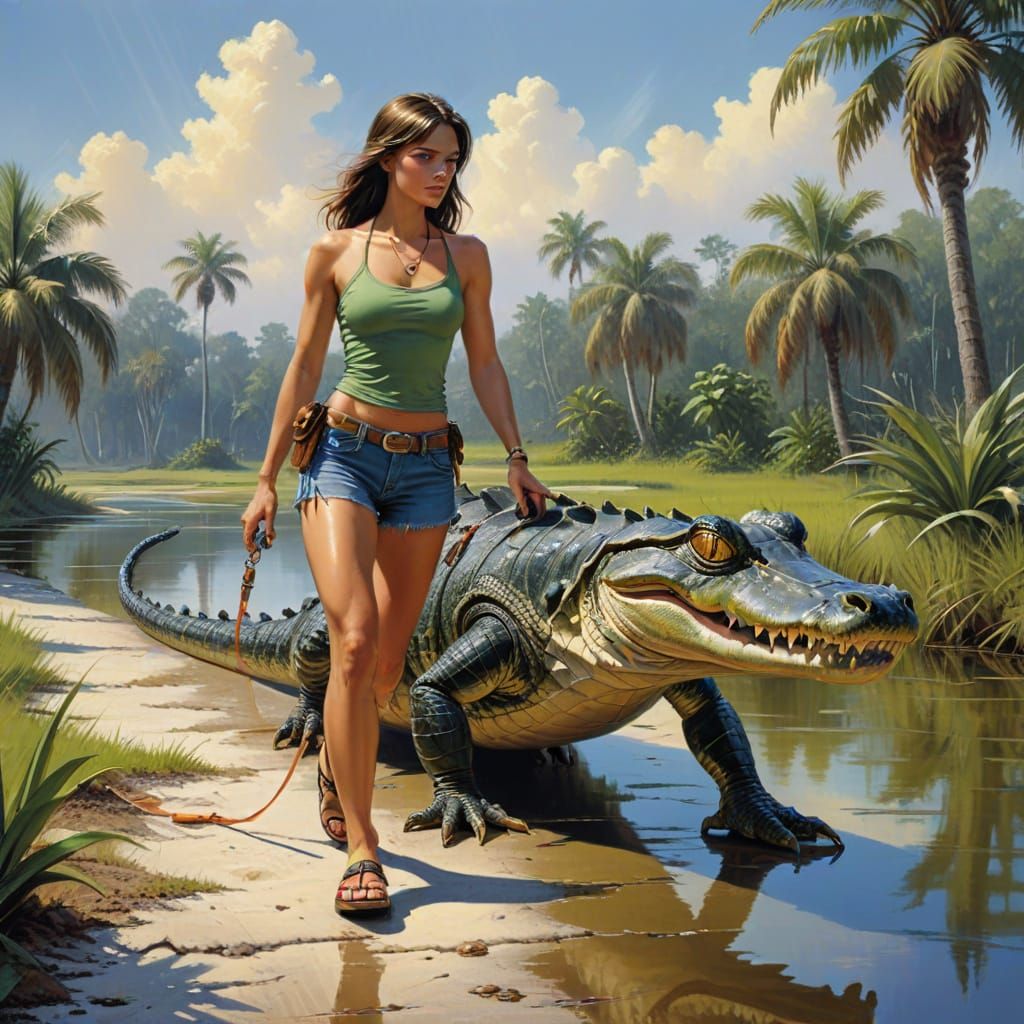 Surreal Florida Landscape with Girl Walking Alligator