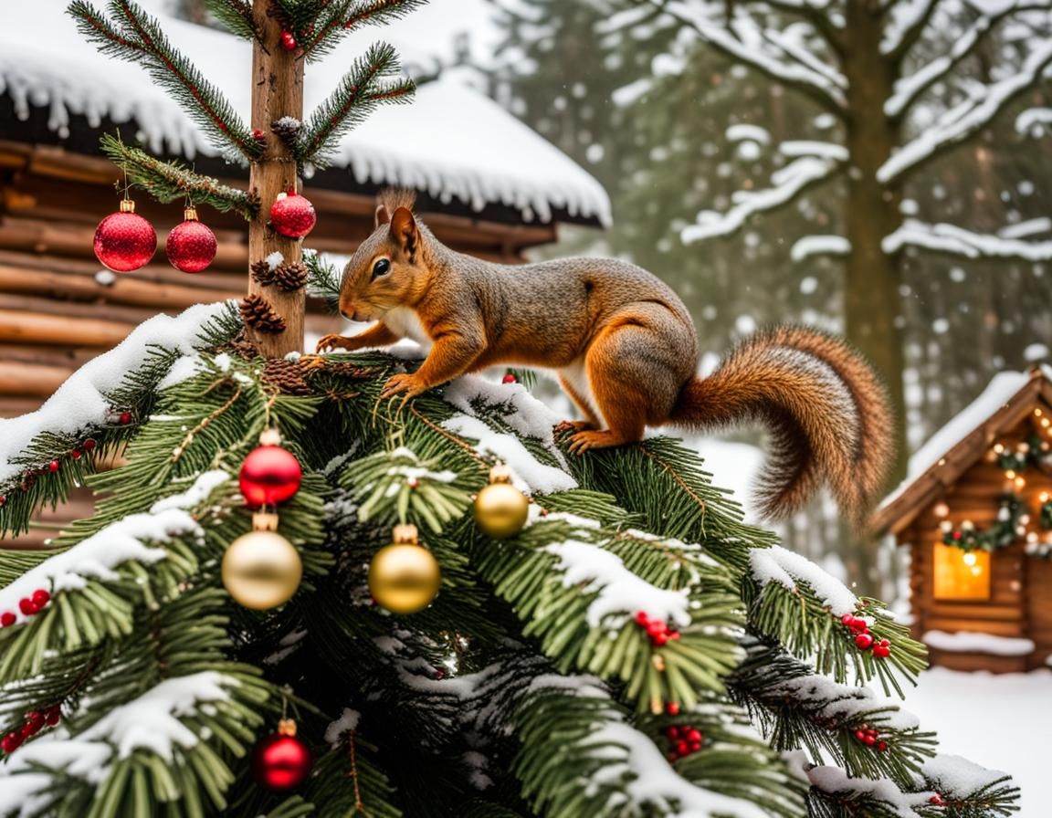 Squirrels Decorating Christmas Tree in Snowy Garden