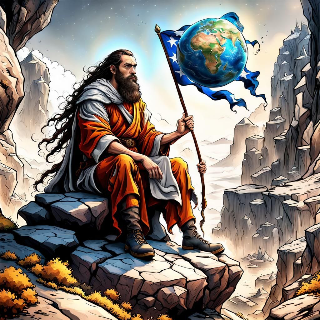 Urban Warrior Monk Contemplating Earth, Detailed Matte Paint...