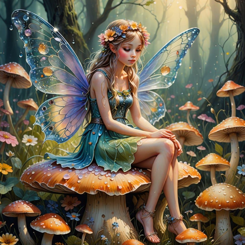 Flower Fairy on Mushroom in Pastel Colors