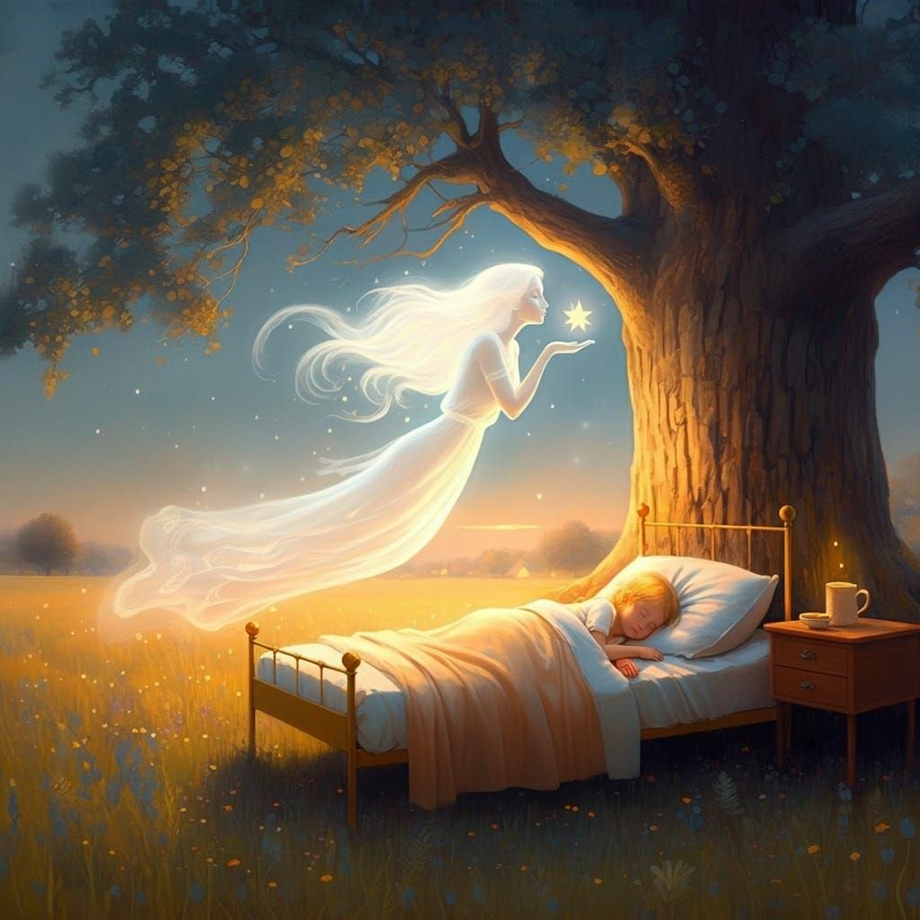 Ethereal Woman Watching Over Sleeping Child