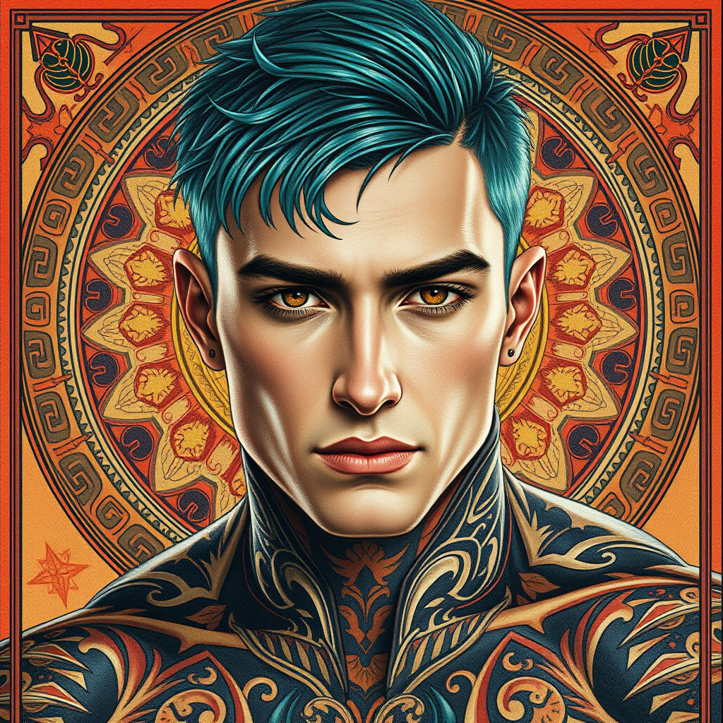 Art Nouveau Portrait: Mystical Nonbinary Man with Tattoos