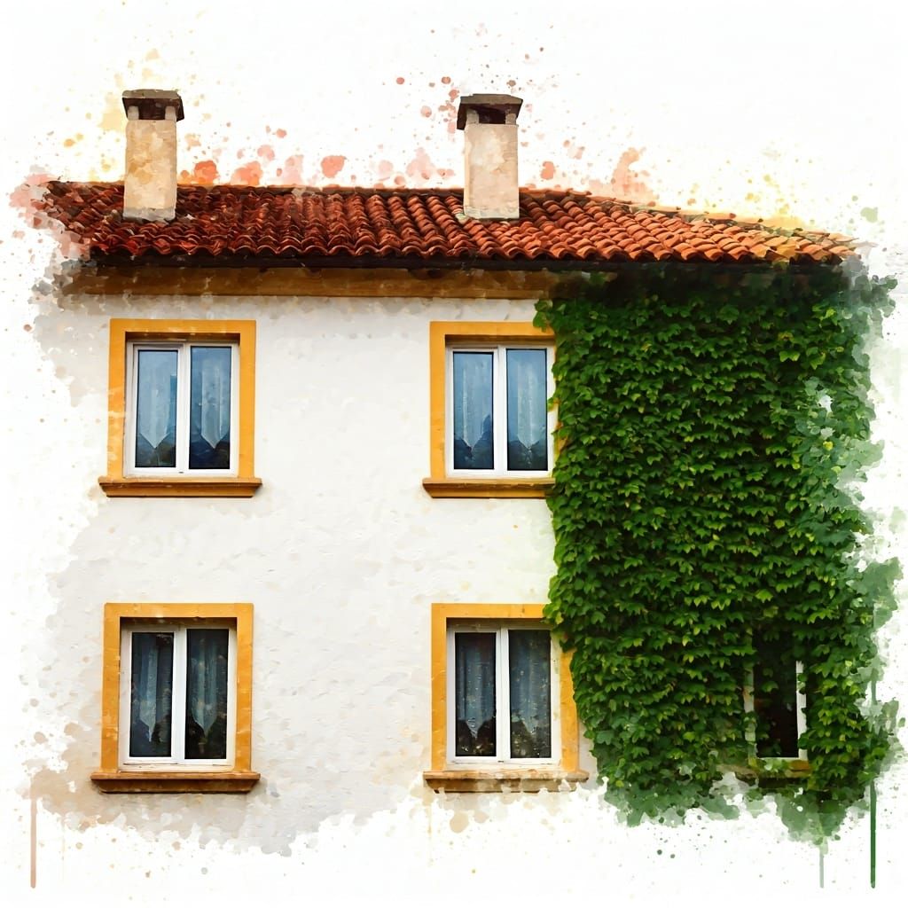 Tenement House with Graffiti in Watercolor Style