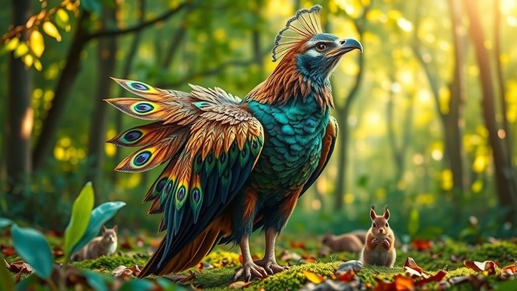 Eagle in Iridescent Peacock Disguise Standing on Forest Floo...