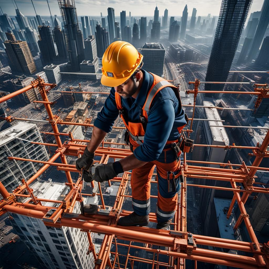 Construction Worker Above City: Hyperrealistic Matte Paintin...
