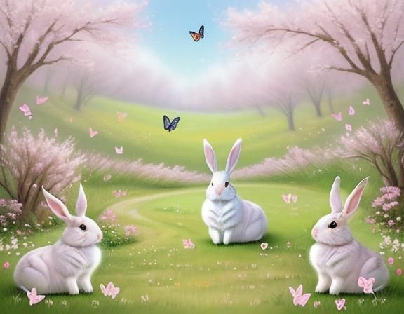 Joyful Rabbits in Spring Landscape with Butterflies