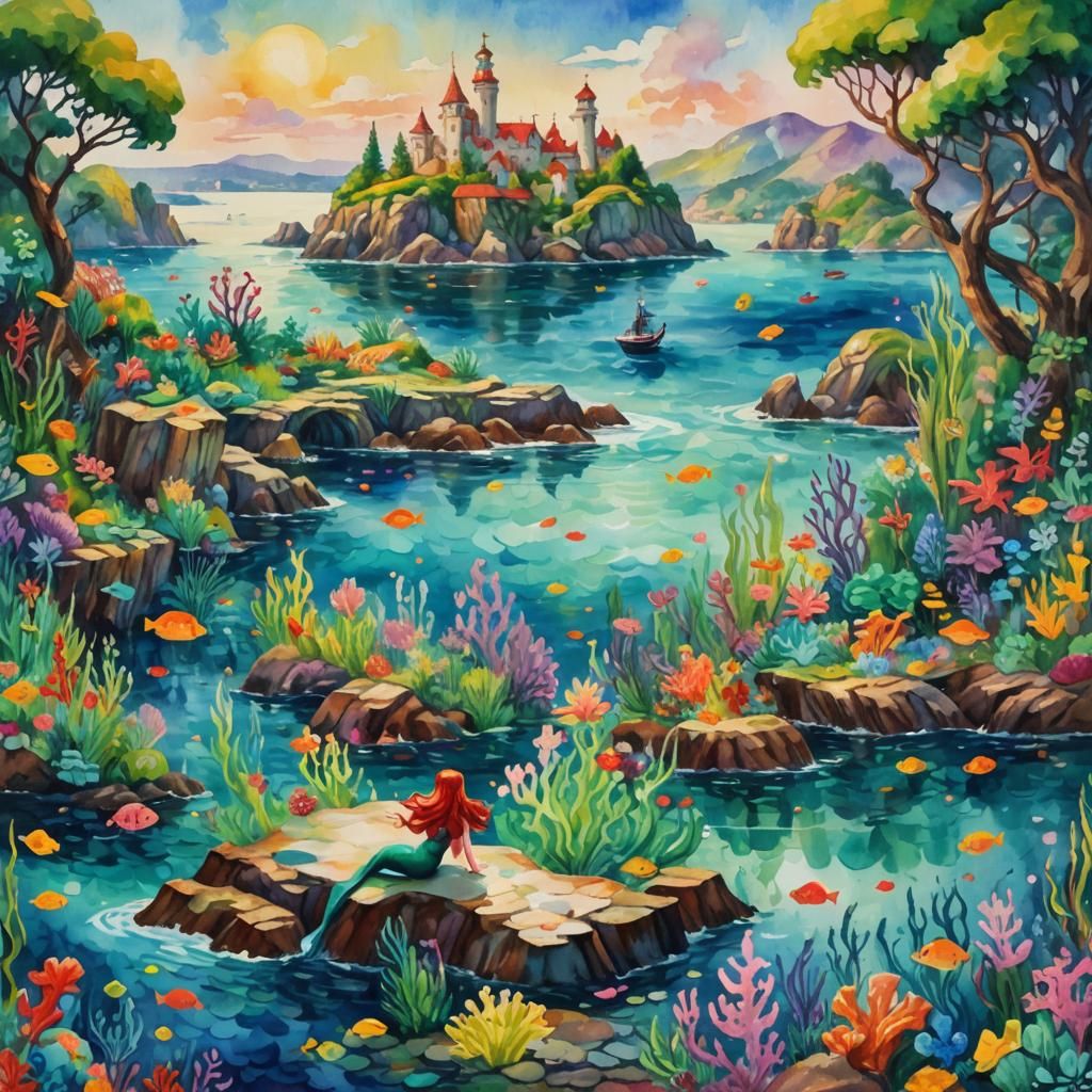 Little Mermaid on Land in Gouache Style