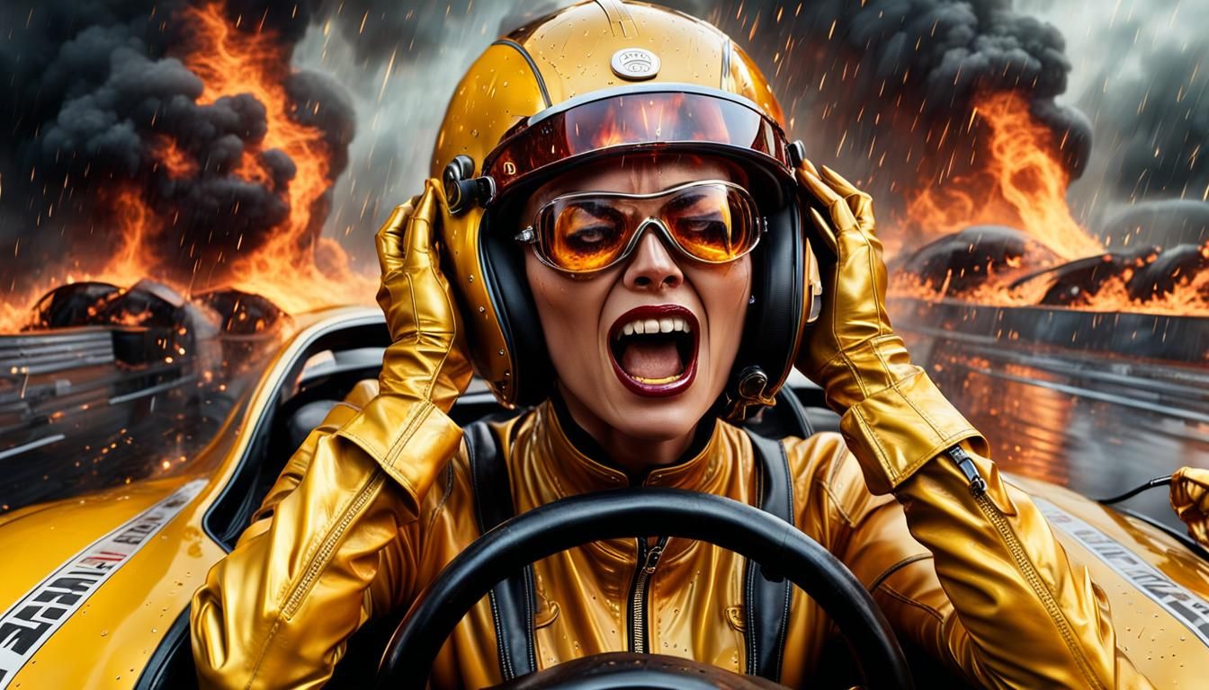Burning Fear: Hyperrealistic Racing Car Disaster