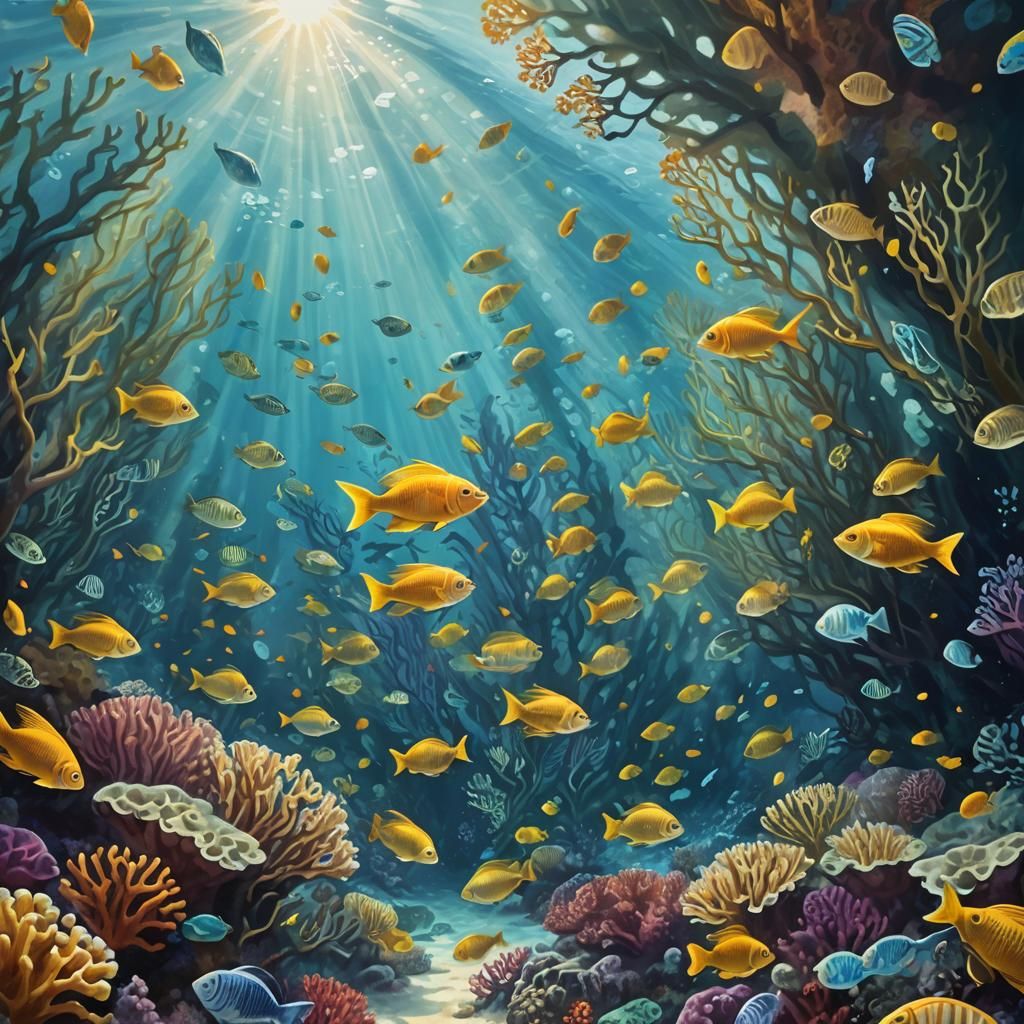 Coral Reef Scene in Dreamlike Oceanic Art Style