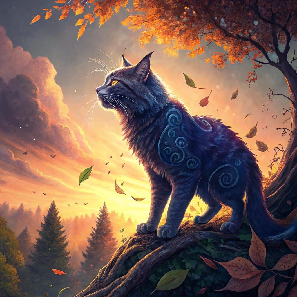 Mystical Warrior Cat in a Whirlwind of Autumn Leaves