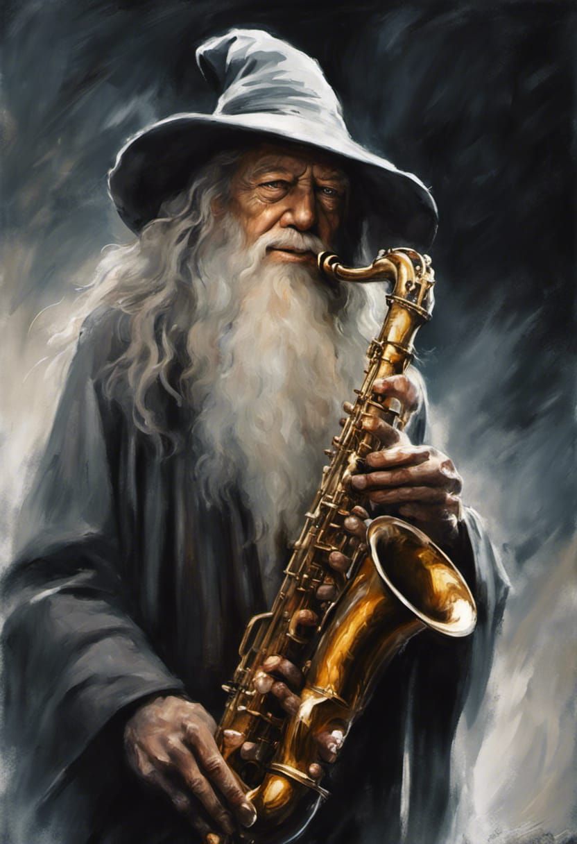 Gandalf's Sinister Saxophone Solo: Cinematic Oil Painting