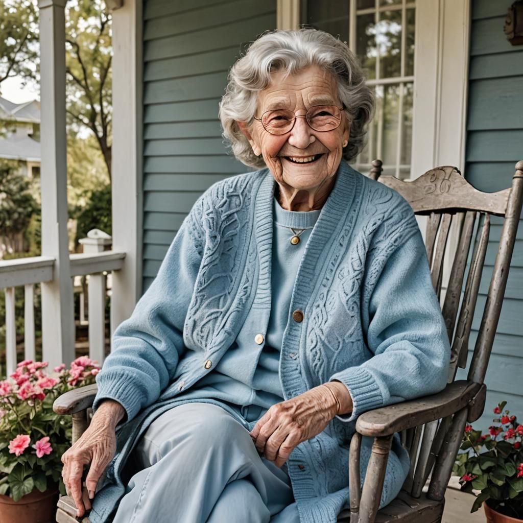 Smiling Old Woman Waving from Porch Rocking Chair