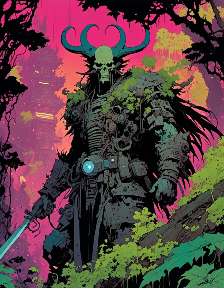 Cyberpunk Shadow Demon Haunting a Carnival, Comic Book Style