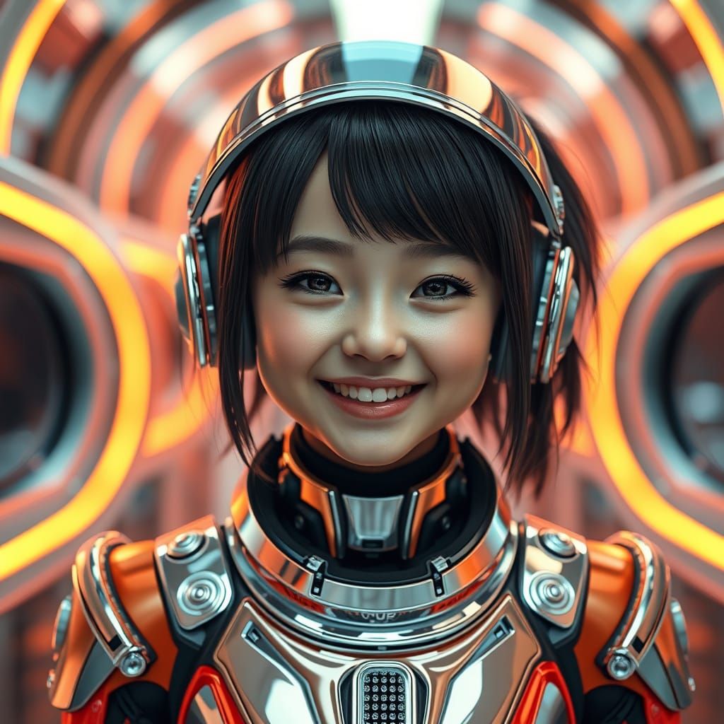 Cheerful Girl in Futuristic Chrome Accent Neurocore Art