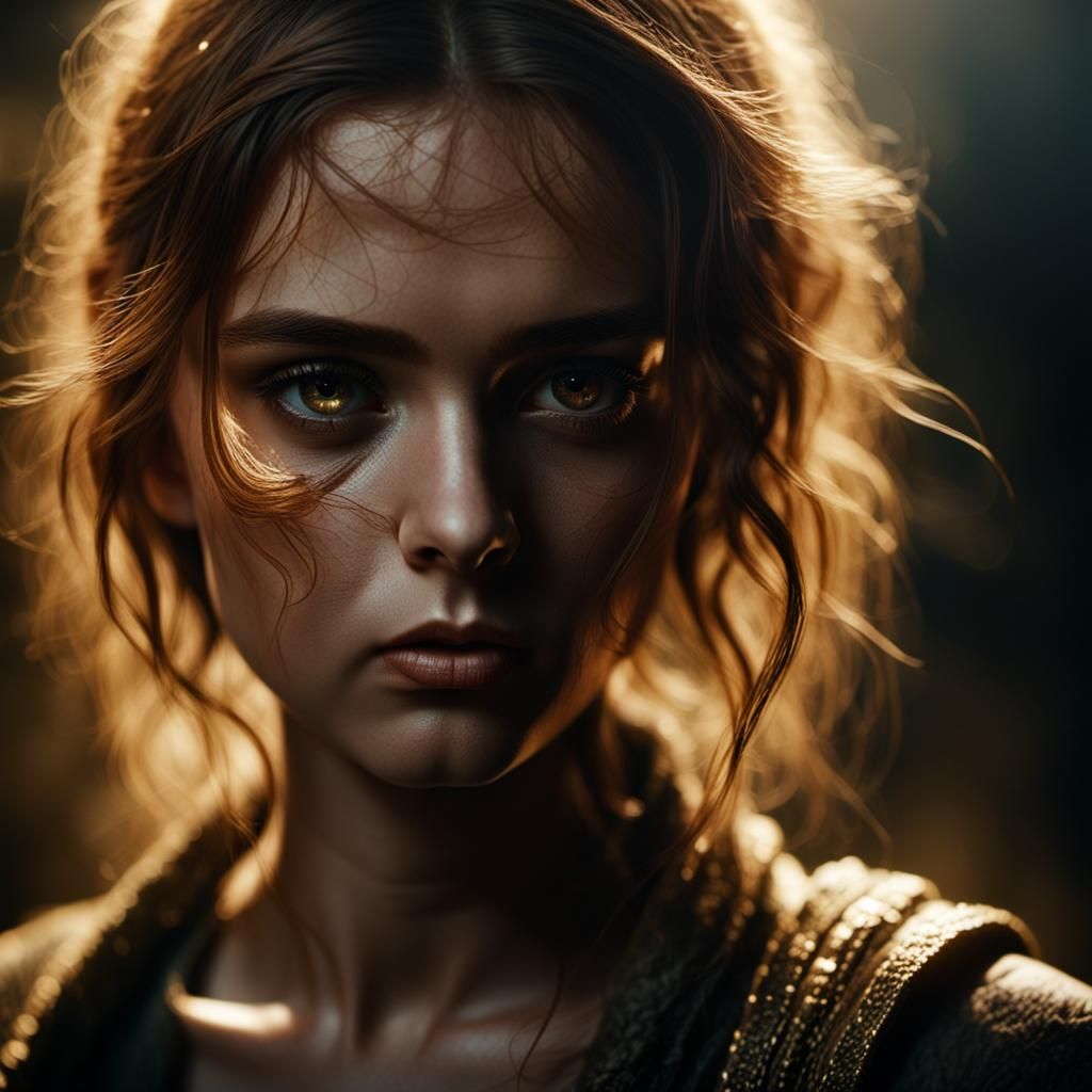 Maddy: Intense Gaze in Moody, Hyperrealistic Style