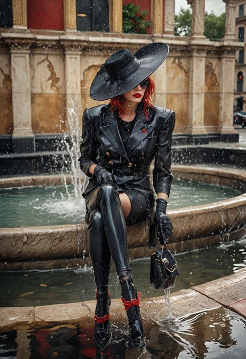 Glamorous Woman in Fountain, Wet Business Suit