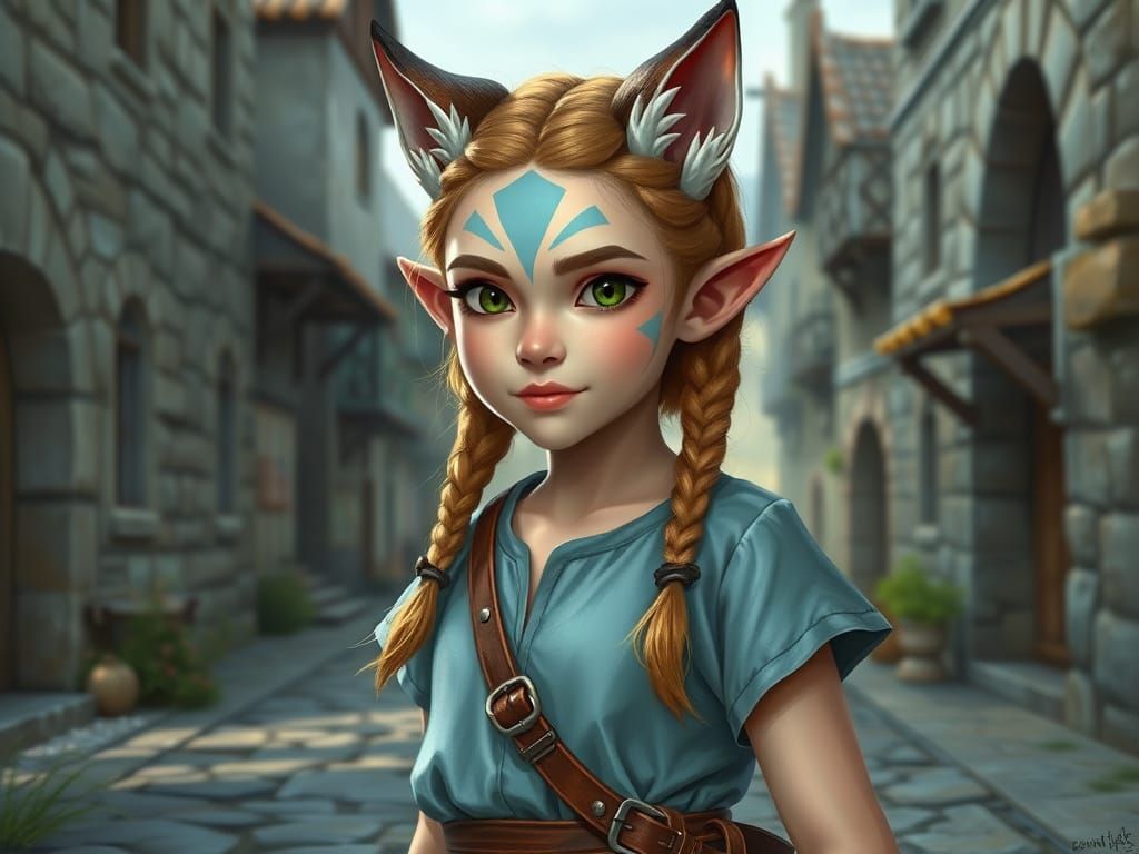 Young Gnoll Girl in Medieval Village, Digital Painting
