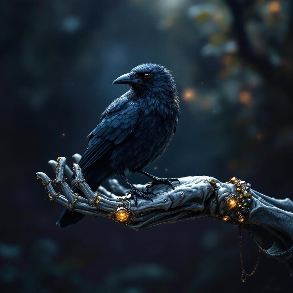 Jeweled Raven in Skeletal Hand: Fantasy Art