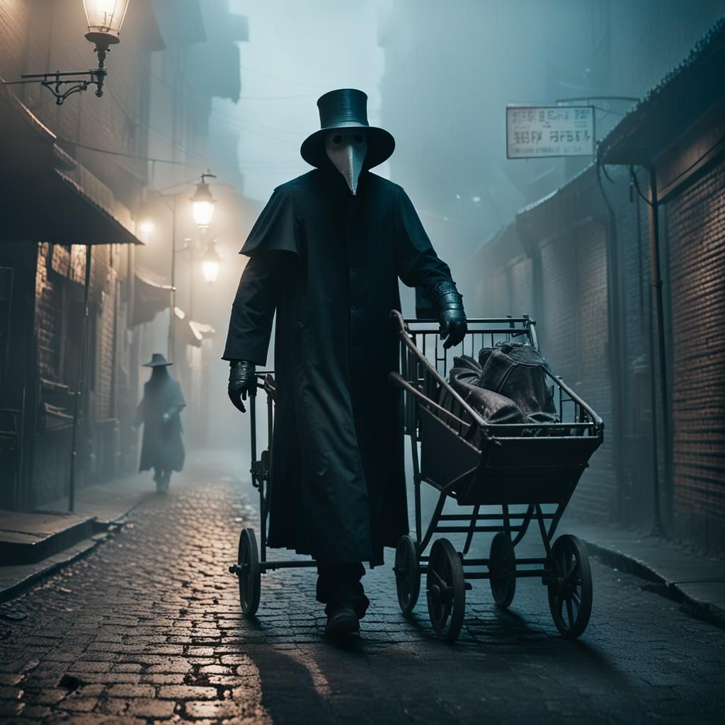 Plague Doctor in Foggy Cyberpunk Alley