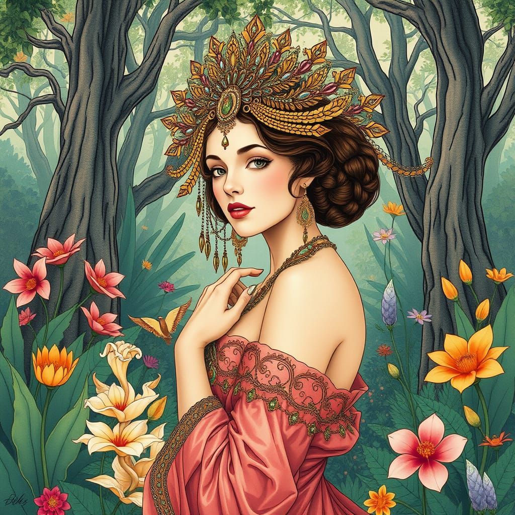 Ethereal Art Nouveau Goddess in a Vibrant Garden