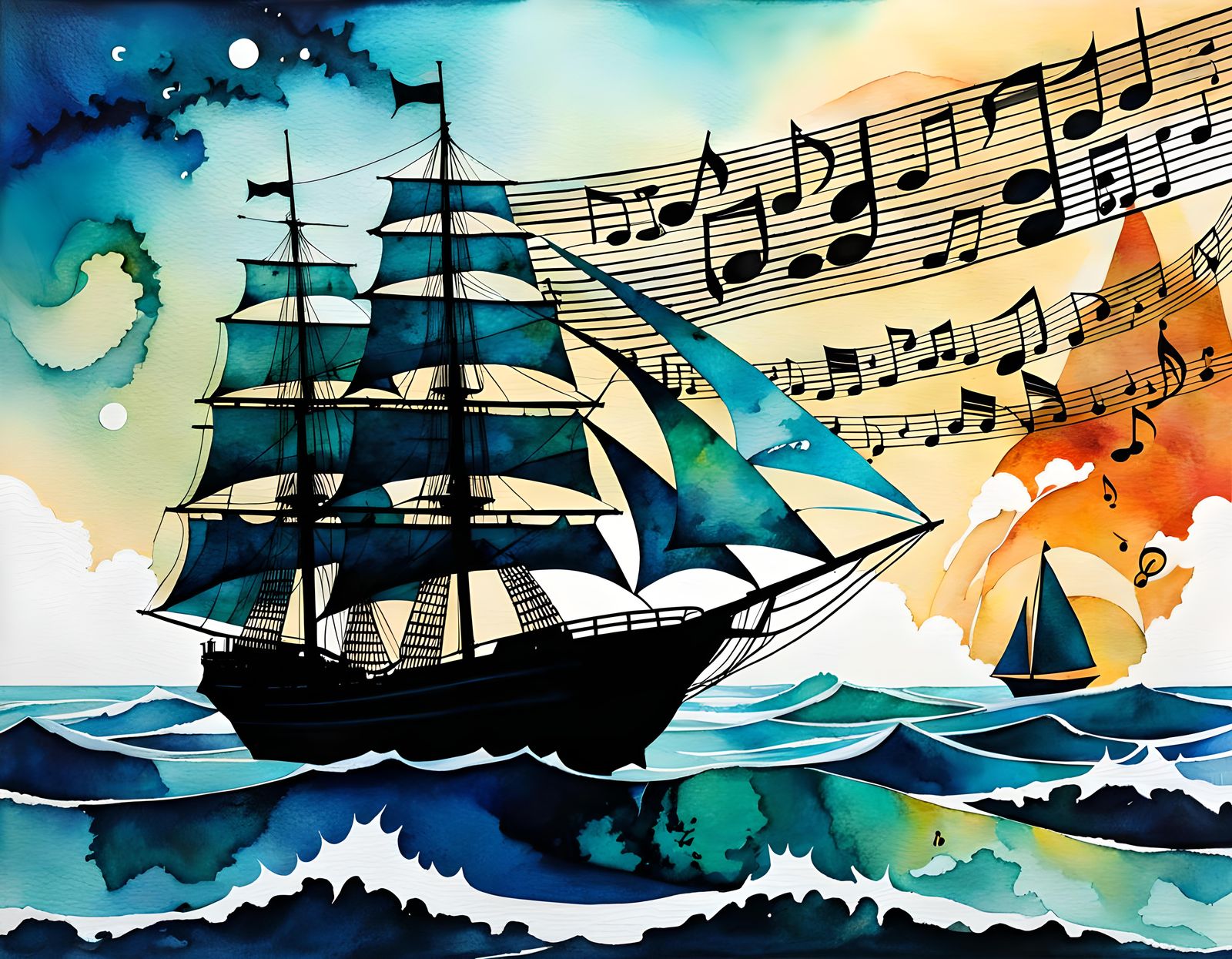 Ocean Waves and Sailing Ship in Cubist Style