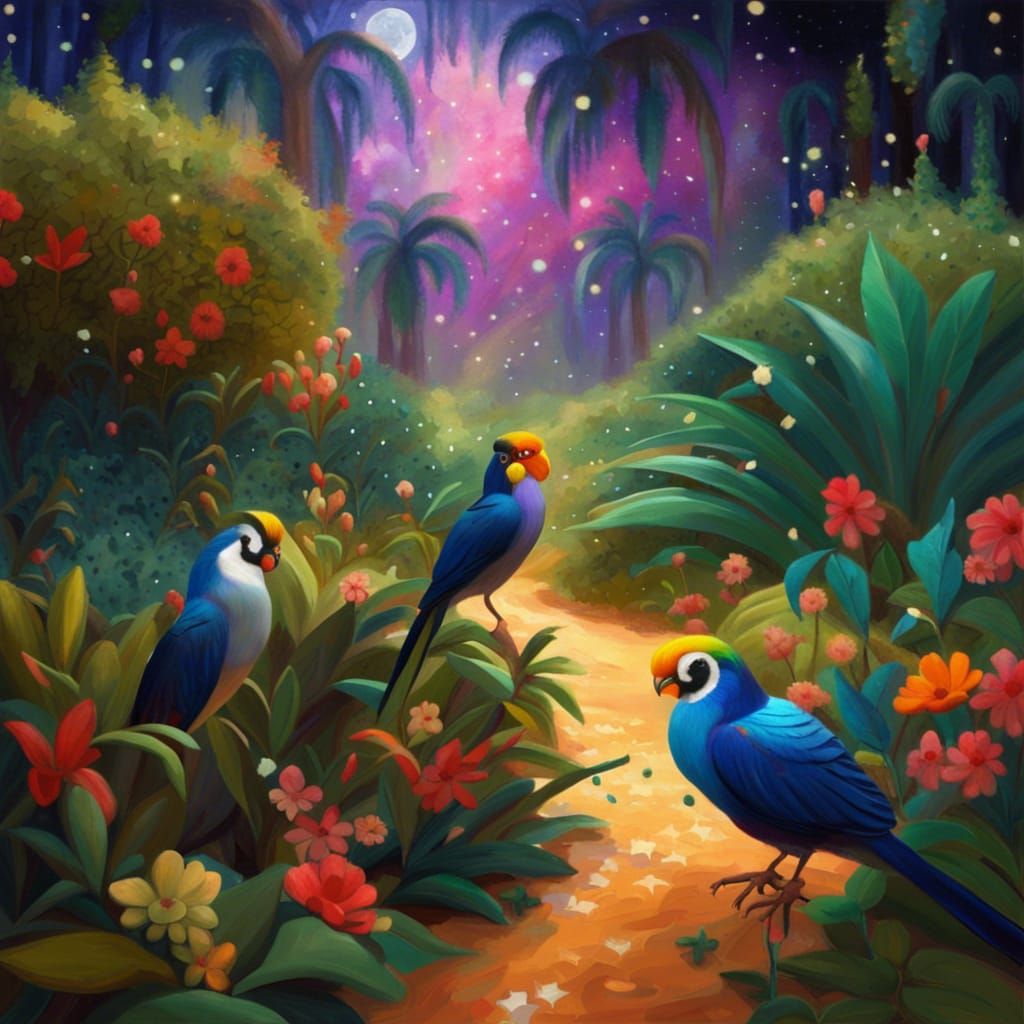 Exotic Birds in Magical Forest: Matisse Style Digital Art