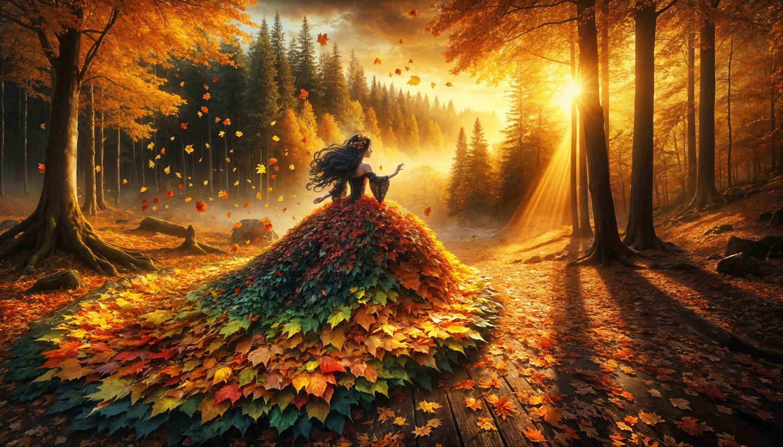 Autumn Goddess Dancing in Forest at Sunset