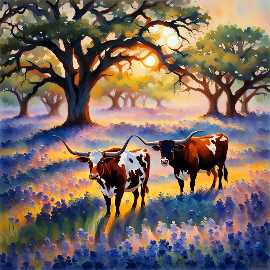 Texas Longhorns in Bluebonnet Field: Watercolor Art