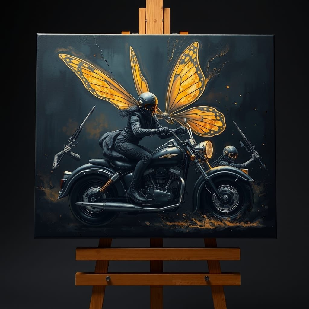 Steampunk Fairy Godmother Motorcycle Chase Painting