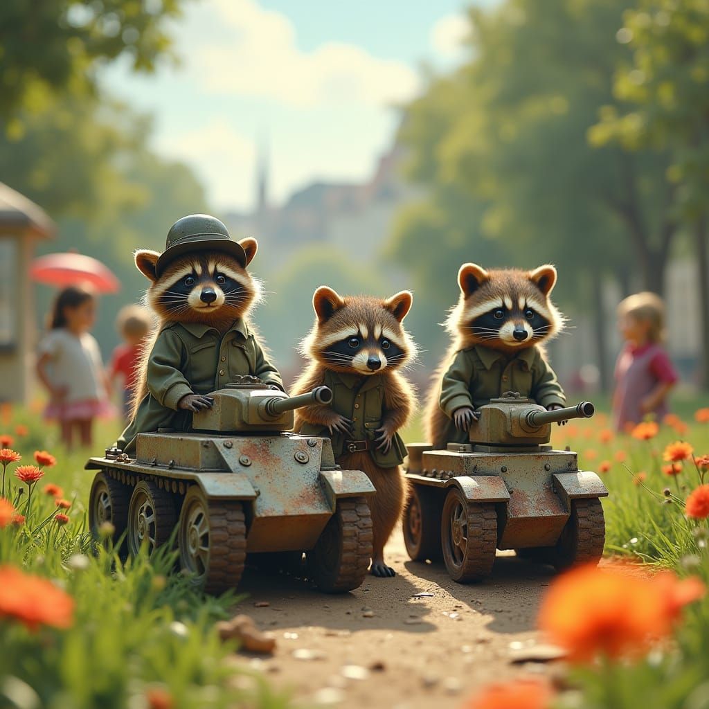 Raccoons in Miniature Military Uniforms Engage in Whimsical ...