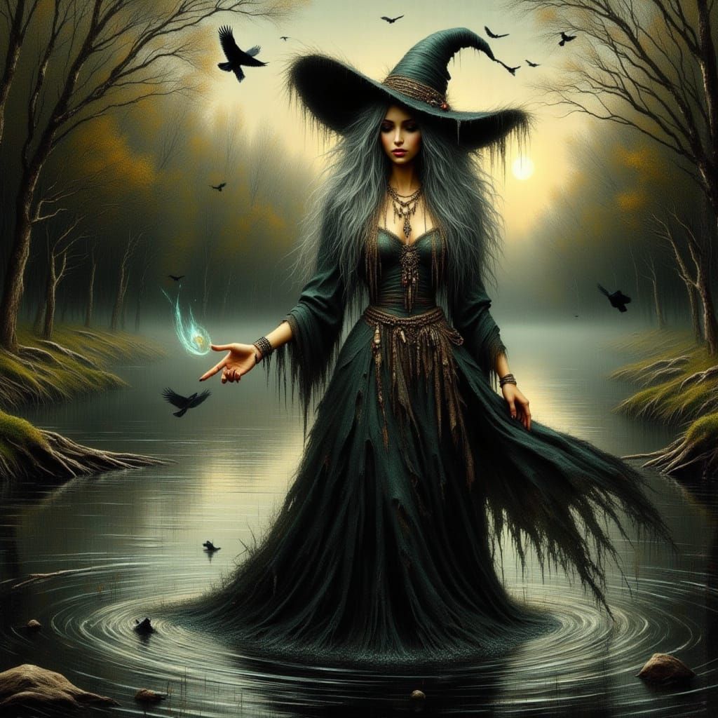 Mystical River Witch Casting Spell at Dusk