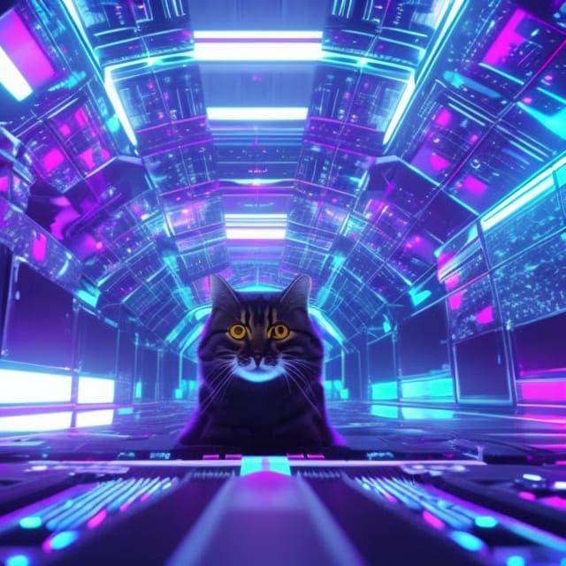 Cat Plays Synth in Space: Hyperrealistic Synthwave Art
