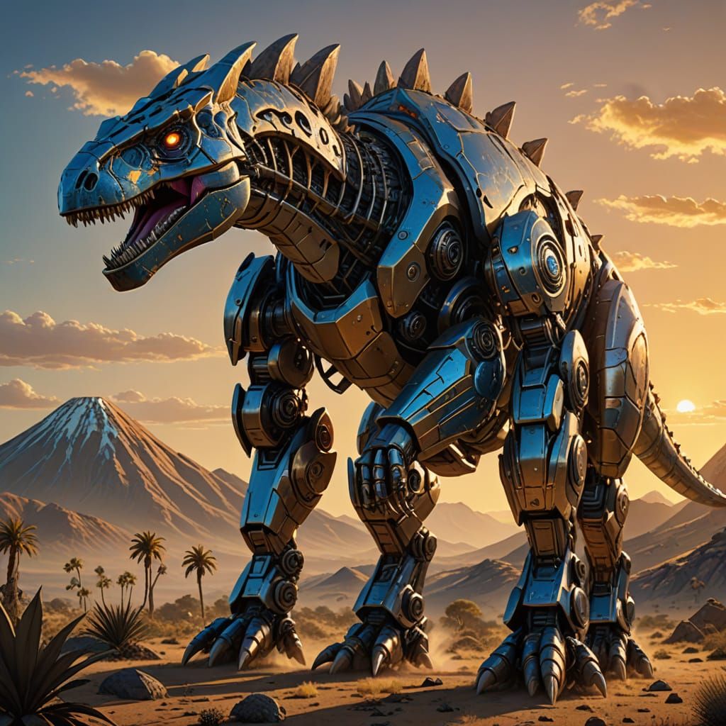 Majestic Robot Dinosaur Gleaming Under Golden Sunset