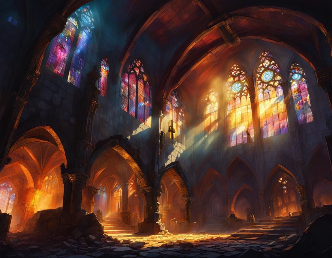 Medieval Catacombs with God Rays and Stained Glass