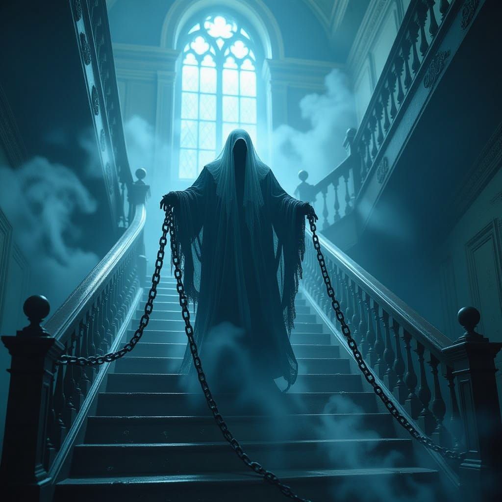 Jacob Marley's Ghost Ascends Dusty Staircase in Matte Painti...