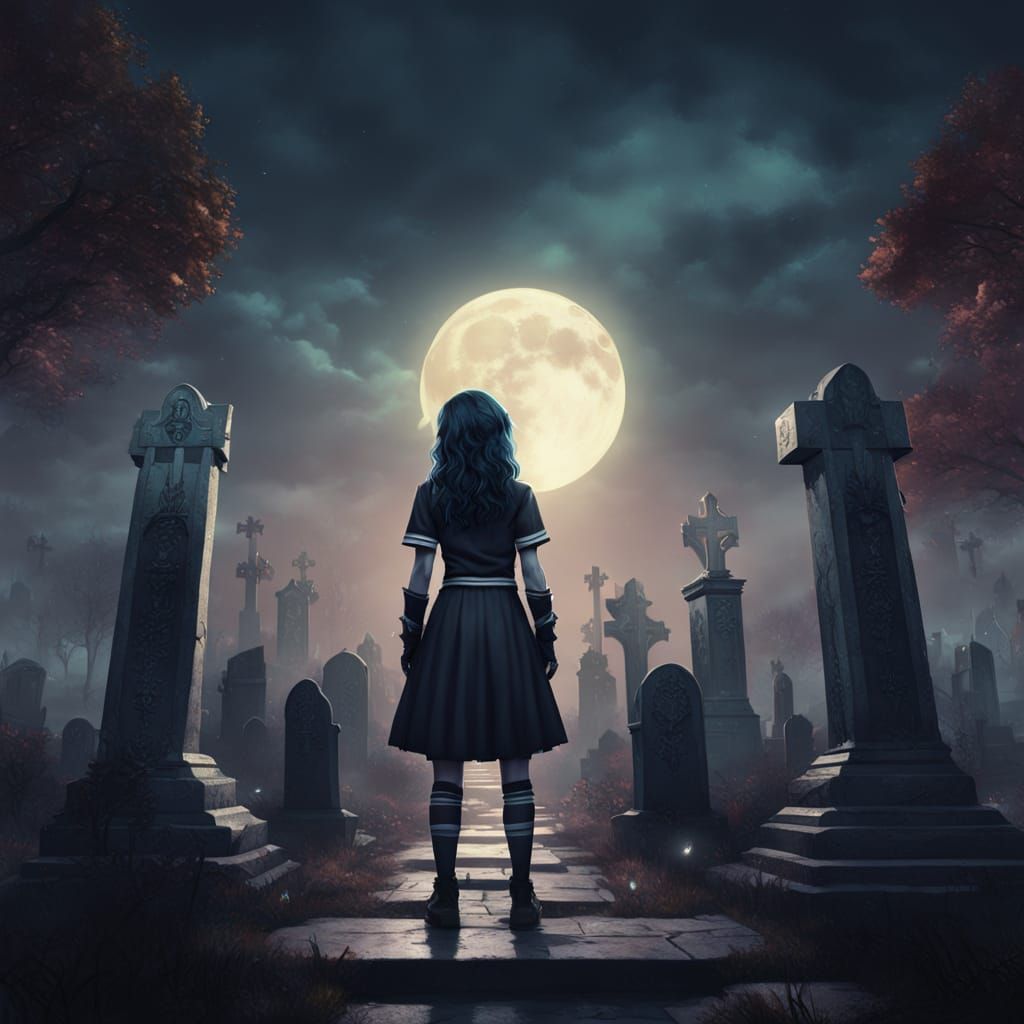 Goth Cheerleader In Moonlit Cemetery Fantasy Art