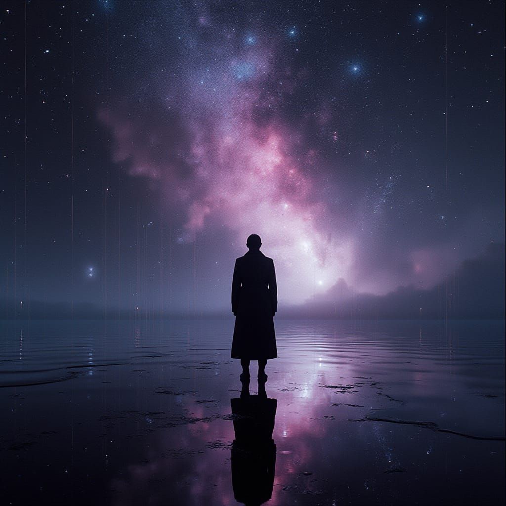 Cosmic Silhouette in Film Noir Cyberpunk Style